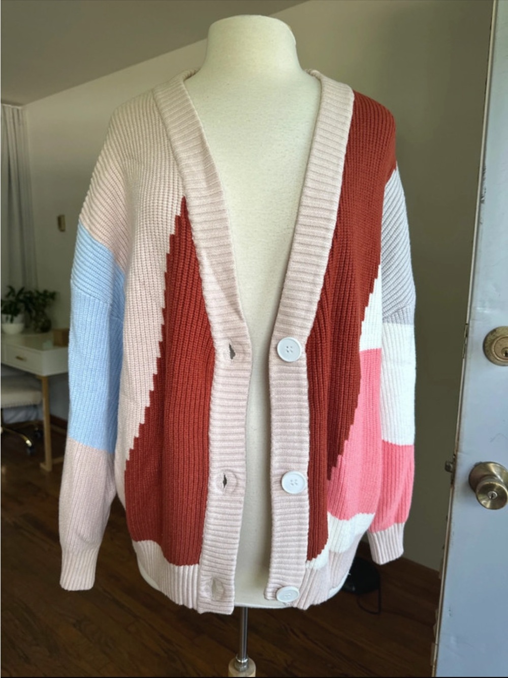 Color-Block Pink & Rust Women's Cardigan Sweater